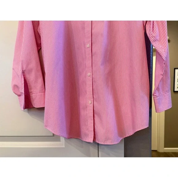 Wm LRL Lauren Ralph Lauren Pink and White Striped L No Iron Button Down Shirt - Picture 5 of 10